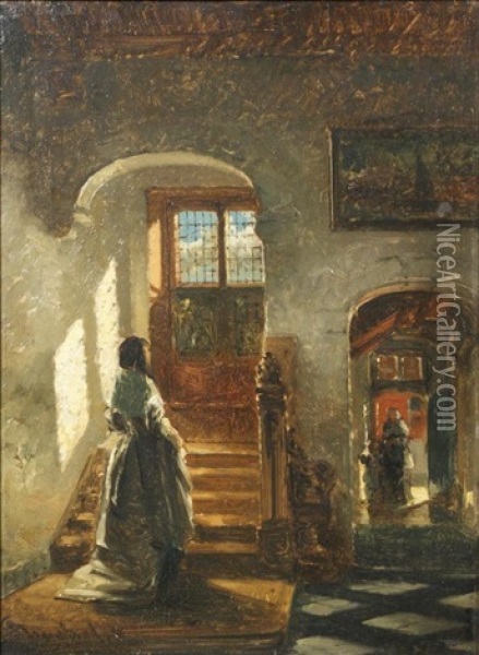 Lady At The Foot Of The Stairs Oil Painting - Johannes Antoine Balthasar Stroebel
