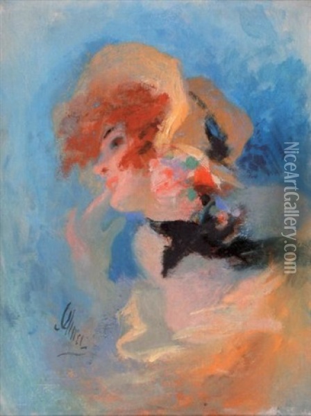 Jeune Femme Au Chapeau Fleuri Oil Painting - Jules Cheret