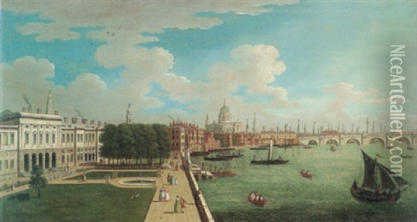 View Of London As Seen From The Terrace Of Somerset House, Looking Down The Thames With St. Paul's Oil Painting - Joseph Nichols