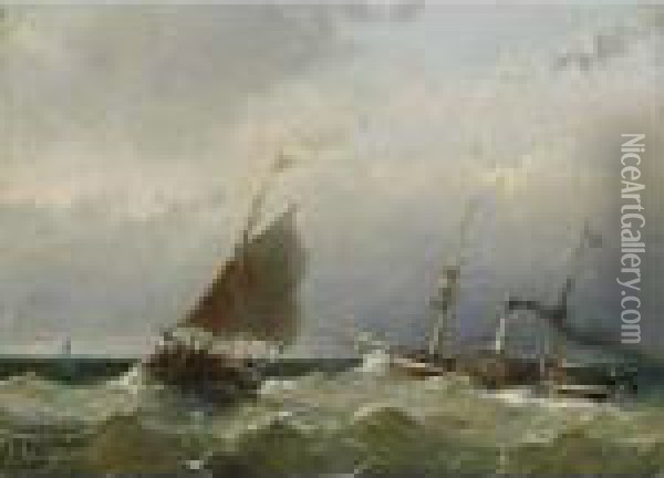 A Steamship At Sea Oil Painting - Andreas Schelfhout