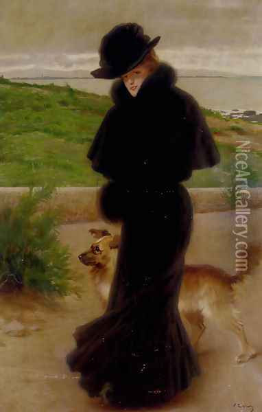 An Elegant Lady with her Faithful Companion by the Beach Oil Painting - Vittorio Matteo Corcos