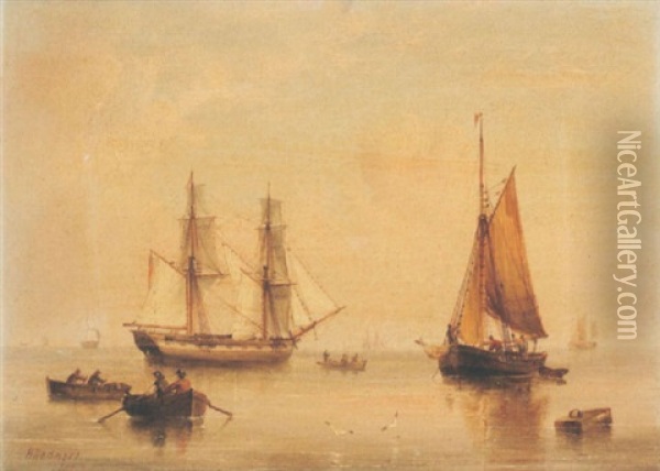 A Sailing Barge And Other Vessels Off The Coast Oil Painting - Henry Redmore