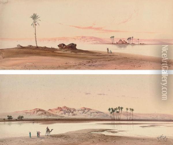 Arabs On The Nile At Aswan; And Arabs On The Nile At Dusk Oil Painting - Henry Stanton Lynton