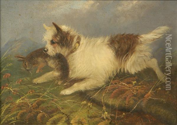 Terrier With Arabbit Oil Painting - Jean-Charles, Langlois Col.