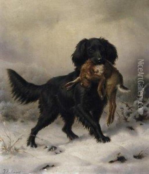 Black Setter Fetching Hare In A Winterly Landscape. Signed And Dated Lower Left: J. Deiker 1886 Oil Painting - Johannes Christian Deiker