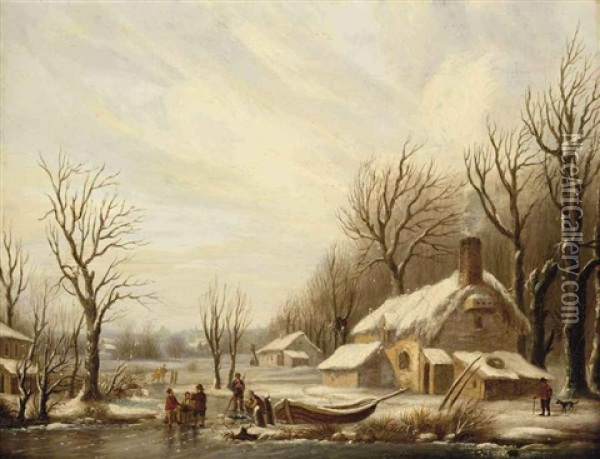 A Winter Landscape With Figures On A Frozen River By A House Oil Painting - Cornelis Petrus T' Hoen