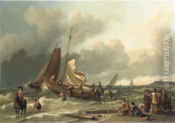 Dutch Fishing Boat In A Squall With An Elegant Man On Horseback In The Shallow Tide, Other Fishing Vessels Beyond Oil Painting - Ludolf Backhuysen the Elder