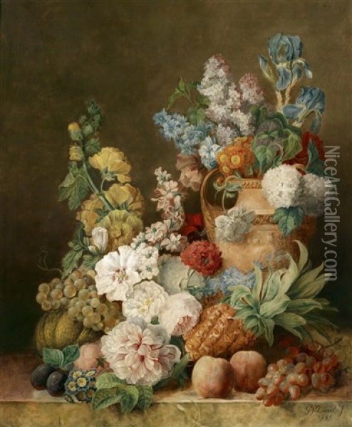 Blumenstuck Mit Ananas Und Kurbis Oil Painting - Georges Frederic Ziesel