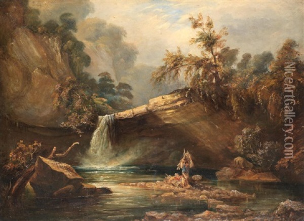 Figures Before Sgwd Gwladys Waterfall, On The River Pyrddin, Wales Oil Painting - Philip James de Loutherbourg