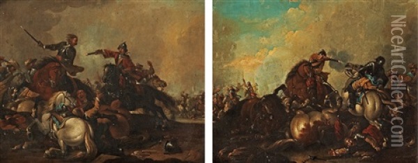 Battle Scenes (pair) Oil Painting - Georg Philipp Rugendas the Elder
