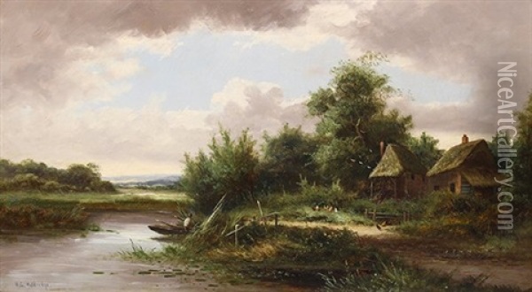 House By A Pond With Figure In A Boat Oil Painting - Ransom Gillet Holdredge