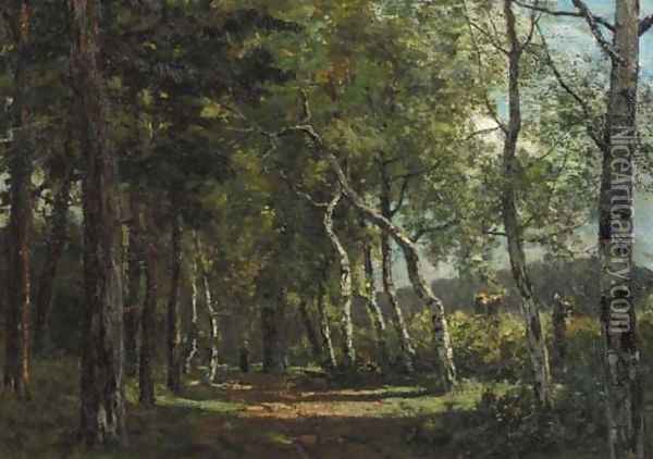 Peasant woman on a birch tree-lined road Oil Painting - Ferdinand Bernhard Hoppe