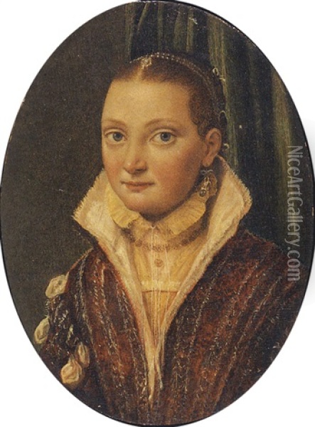 Portrait Of Sofonisba Anguissola Wearing A Red Doublet Over A Cream Shirt, With Blue Pearl-drop Earrings Oil Painting - Lucia Anguissola