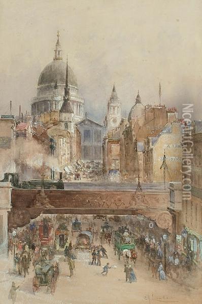A View Of St Paul's Cathedral From Fleet Street Oil Painting - Charles James Lauder