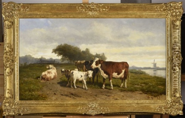Vaches Et Veaux Dans La Campagne Hollandaise, 1883 Oil Painting - Hendrik Savry