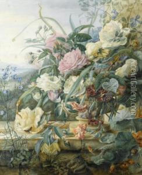 Roses And Other Flowers In A Sculpted Urn On A Garden Wall Oil Painting - Adalbert, Bela Schaffer
