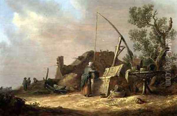 Landscape with a woman at a well Oil Painting - Jan van Goyen