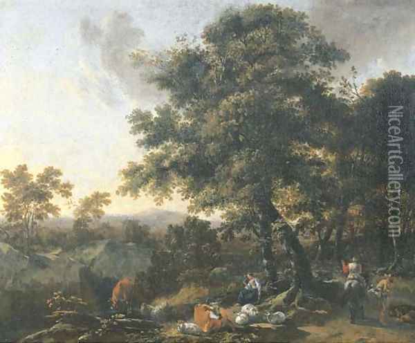 A wooded mountainous landscape with travellers and herdsmen on a track Oil Painting - Nicolaes Berchem