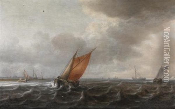A River Estuary With Light Shipping In A Strong Breeze, A View Of Haarlem Beyond Oil Painting - Justus Verwer