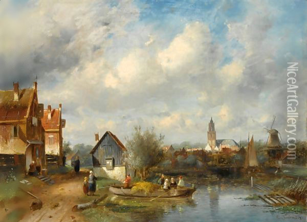 Figures On A Barge Near A Waterside Village Oil Painting - Charles Henri Leickert