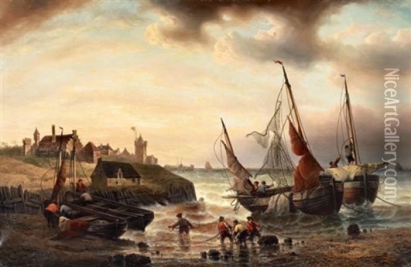 Anlandende Fischer Am Hafen Oil Painting - Francois-Etienne Musin