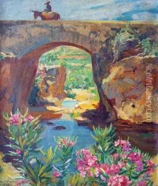 Spanische Landschaft Mit Alter Brucke, Eselreiter Und Bluhendem Oleander Im Vordergrund Oil Painting - Kurt Leyde