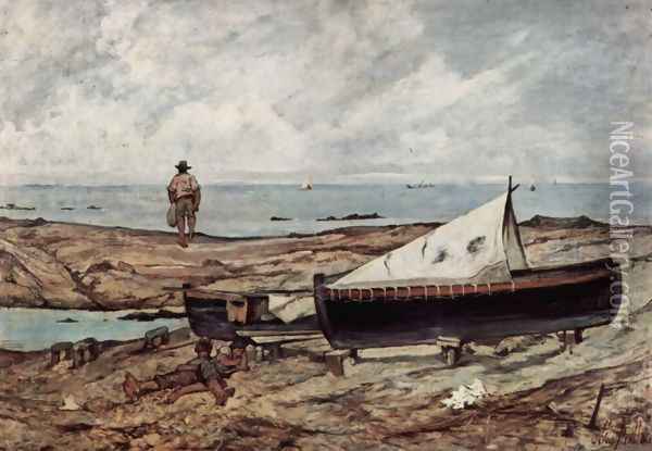The gray day (beach with fishermen and boats) Oil Painting - Giovanni Fattori