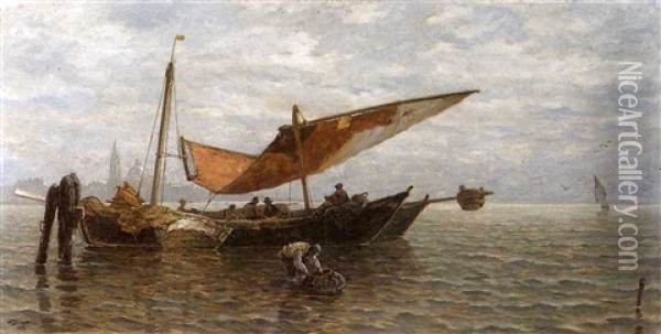 Fischer Beim Einholen Der Reusen In Der Lagune Von Venedig Oil Painting - Ludwig Dill