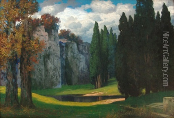 Teich Im Wald Mit Felswand Oil Painting - Eduard Ruedisuehli