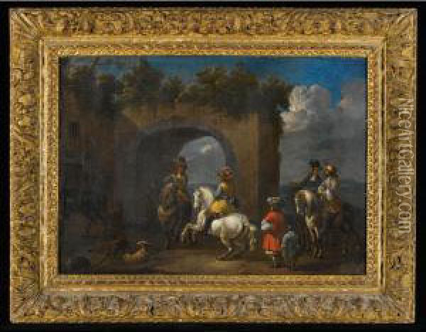 Horsemen By An Arch Oil Painting - Simon Johannes van Douw