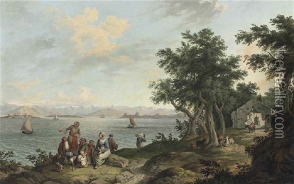 View Of The Port Of Corfu From The Island Of Vido, With Peasants And Goats Resting On The Shoreline In The Foreground Oil Painting - Anton Schranz