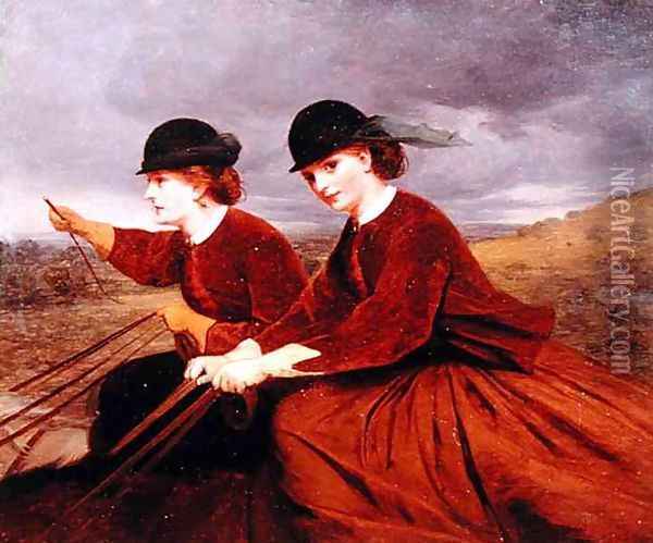 On the Downs Two Ladies Riding Side Saddle Oil Painting - James Hayllar