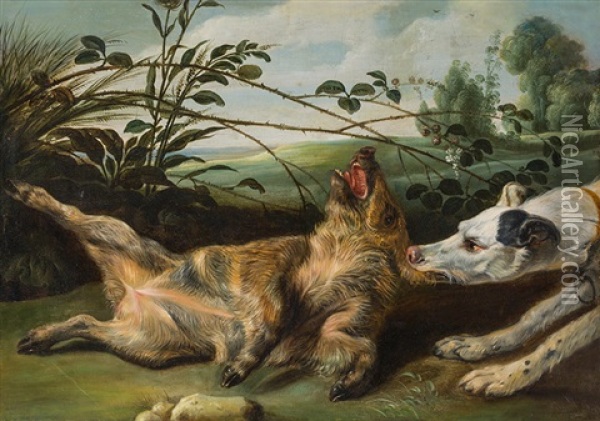 Hunting Dog With Piglet Oil Painting - Jan Wildens