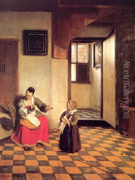 A Woman With A Baby In Her Lap And A Small Child Oil Painting - Pieter De Hooch