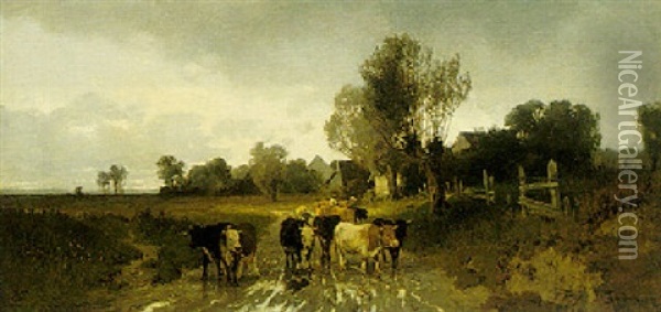 Cows In A Landscape Oil Painting - Theophile De Bock