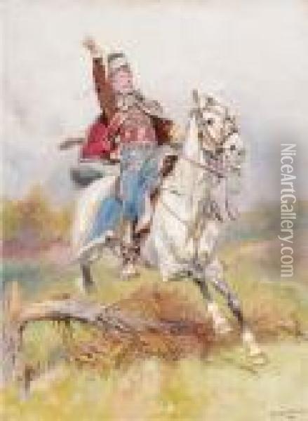 A French Cavalryman On Horseback Oil Painting - Jean Baptiste Edouard Detaille