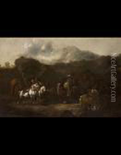 Paesaggio Con Cavalieri Oil Painting - Jacques Courtois Le Bourguignon