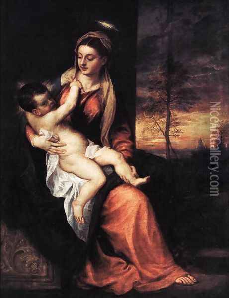Madonna and Child in an Evening Landscape Oil Painting - Tiziano Vecellio (Titian)