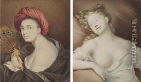 Une Femme En Buste Enturbannee Et Tenant Un Eventail; Et Une Femme Endormie, En Buste Oil Painting - Le Noel Jules Mire