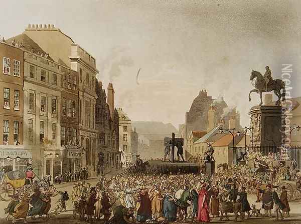 The Pillory, engraved by J. Bluck fl.1791-1831 from The Microcosm of London, pub. by Rudolph Ackermann 1764-1834 1808 Oil Painting - T. Rowlandson & A.C. Pugin