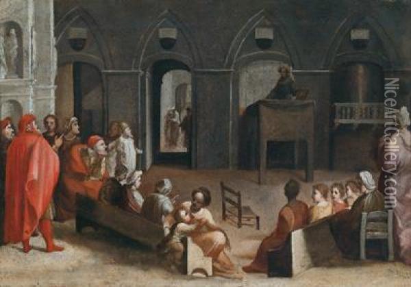 La Predica Di San Bernardino In Piazza Del Campo A Siena Oil Painting - Domenico Beccafumi