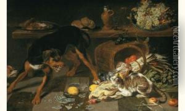 Un Chat Et Un Chien Dans Un Interieur De Cuisine Oil Painting - Paul de Vos