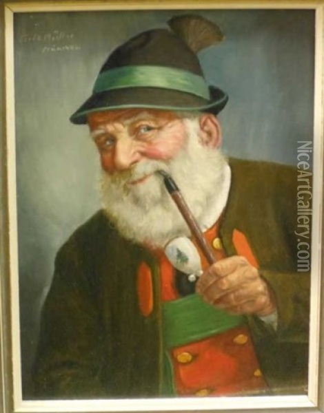 Bust-length Portrait Of Bearded Man With Pipe Oil Painting - Fritz Muller