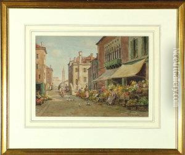 A Flower And Vegetable Market, Venice Oil Painting - James W. Milliken