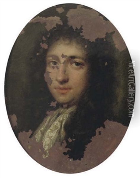 A Gentleman (robert Harley, 1st Earl Of Oxford And Earl Mortimer ?) In Lace Jabot And Long Curling Wig (+ Another; 2 Works) Oil Painting - Simon Dubois
