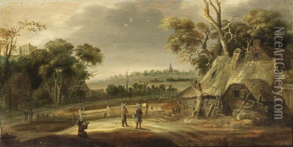 A Wooded Landscape With Figures Conversing Near A Farm, And Travellers On A Path, A Village Beyond Oil Painting - Rafael Govertsz. Camphuysen