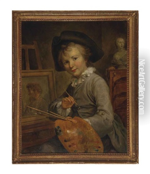 Portrait Of A Young Boy, Three-quarter-length, Seated At An Easel, A Classical Bust Behind Oil Painting - Francois Hubert Drouais