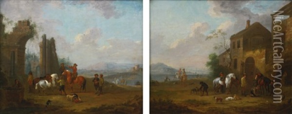 Travelers Before A Ruin; Travelers At An Inn Oil Painting - Johann Jacob Tischbein