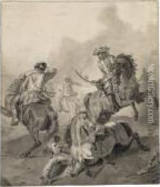 Cavalry In Battle, With A Fallen Horse And Soldier In The Foreground Oil Painting - Jan von Huchtenburgh