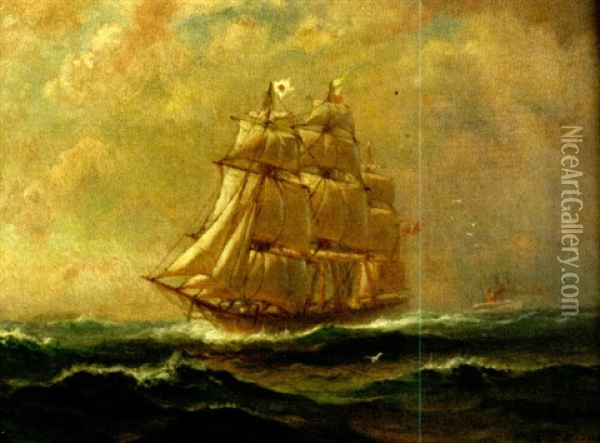 Clipper Ship On The Open Sea Oil Painting - Lemuel D. Eldred
